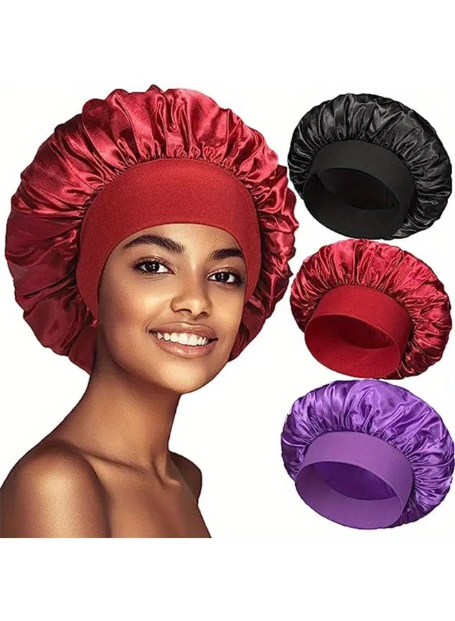 م اكس م قبعة نسائية من الحرير الساتان (عبوة من 3 قطع) وشاح ناعم مزدوج الجوانب لتصفيف الشعر المجعد وغطاء للرأس أثناء النوم - قبعة نوم ناعمة ومريحة للعناية بالشعر وحمايته مقاس واحد (عبوة-ب) - Image 1
