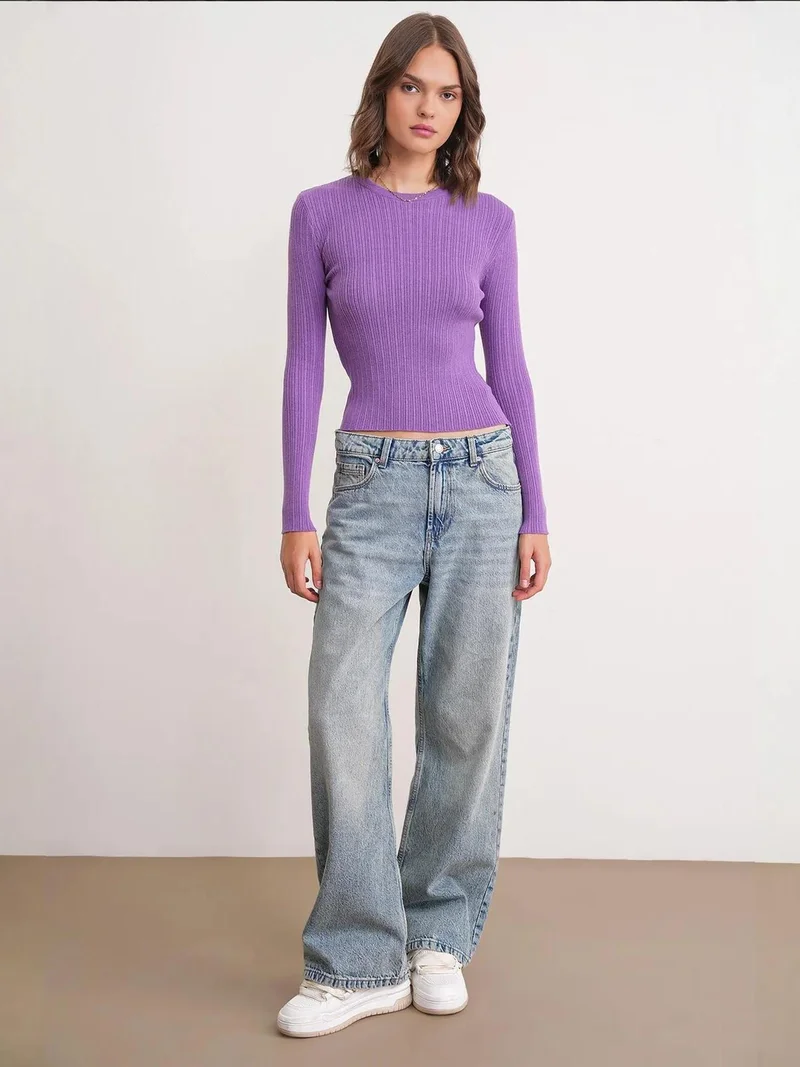MixRay Electric Purple Mixray Soft Textured Ribbed Fitted Top for Women | Best Price UAE