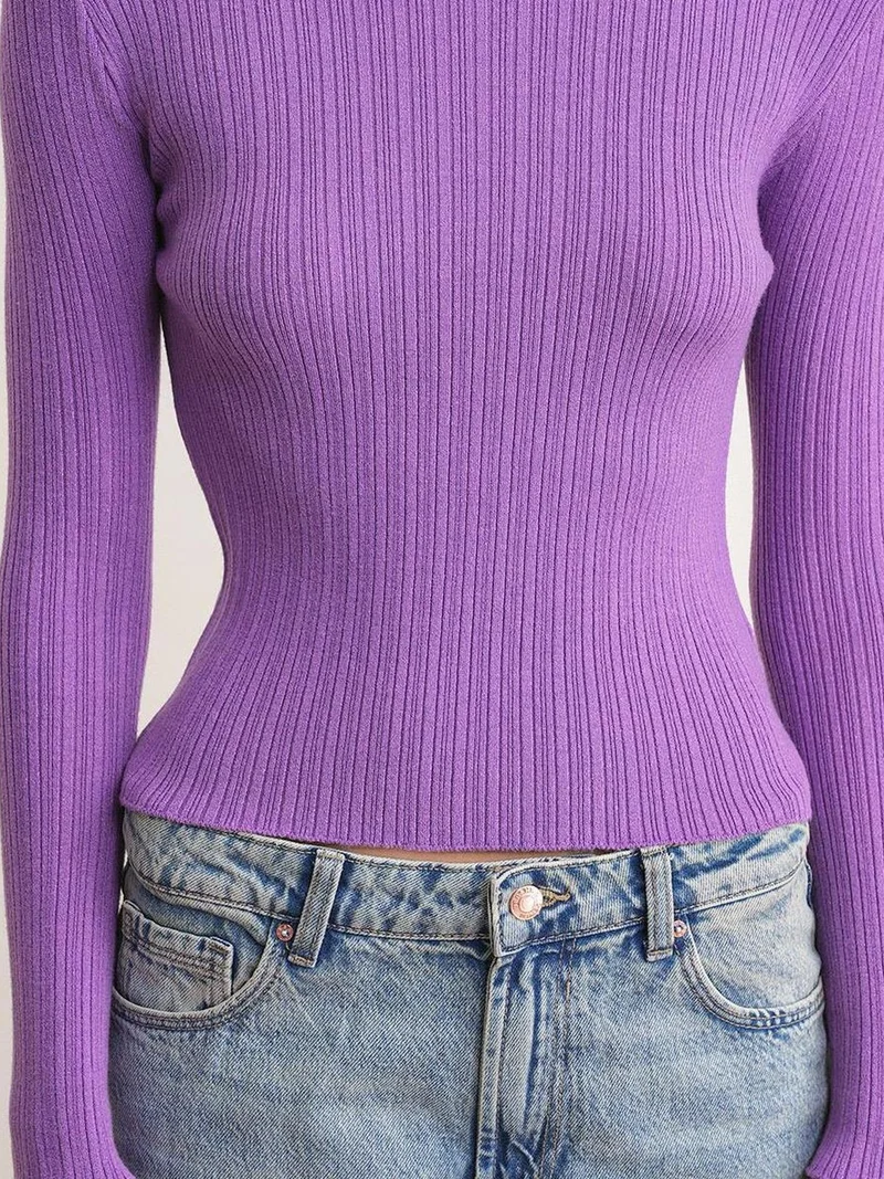 MixRay Electric Purple Mixray Soft Textured Ribbed Fitted Top for Women | Best Price UAE