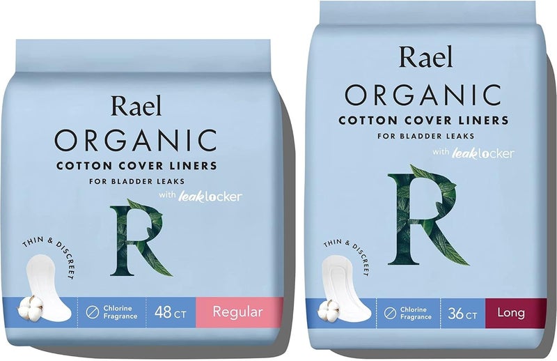 Rael Organic Cotton Cover Incontinence Liners Bundle  Bladder Control and Postpartum Liners 4Layer Core Protection with Leak Guard Technology Regular 48 Count and Long 36 Count - Image 1