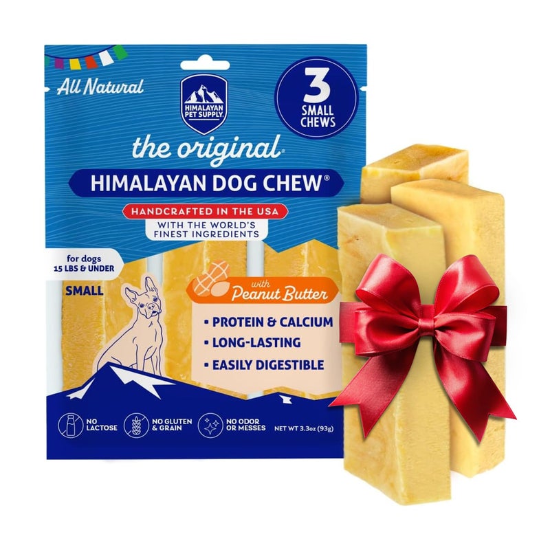Himalayan Dog Chew مضغ الكلاب الأصلي من جبن الياك الهيمالايا، زبدة الفول السوداني، 3 عصي صغيرة، 3.3 أونصة، خالي من الغلوتين، مكافآت صحية للكلاب، خالي من الحبوب واللاكتوز 100% طبيعي، مضغ طويل الأمد للكلاب تحت 15 رطلاً - Image 1