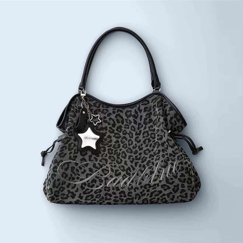 Korean Style Star Mirror Embroidery Leopard & Polka Dot Large Capacity Shoulder Tote Bag - Image 4