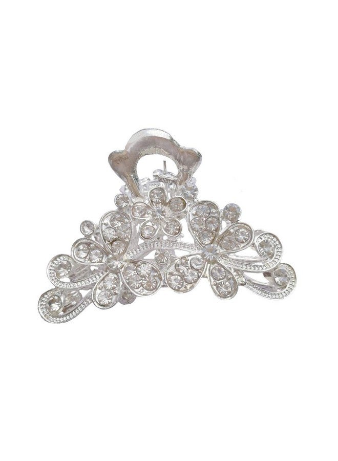 فوداتم مشبك شعر على شكل زهور عتيقة للنساء، مشبك شعر على شكل فك من سبائك معدنية عتيقة مرصع بأحجار الراين، دبوس شعر أنيق (فضي) - Image 1