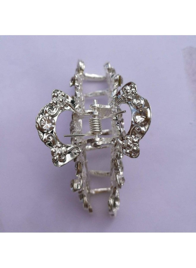 فوداتم مشبك شعر على شكل زهور عتيقة للنساء، مشبك شعر على شكل فك من سبائك معدنية عتيقة مرصع بأحجار الراين، دبوس شعر أنيق (فضي) - Image 3