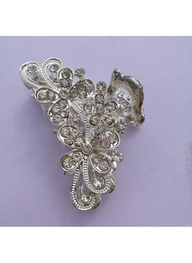 فوداتم مشبك شعر على شكل زهور عتيقة للنساء، مشبك شعر على شكل فك من سبائك معدنية عتيقة مرصع بأحجار الراين، دبوس شعر أنيق (فضي) - Image 2