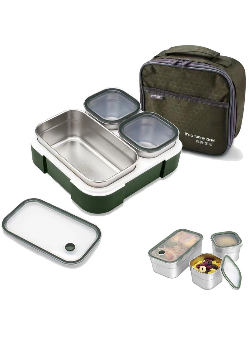 Kids School Stainless Steel Lunch Box Insulated Bento Lunch Box with Storage Bag 3 Compartments Divided Lunch Container with Lid  (Green 720ML) - Image 1