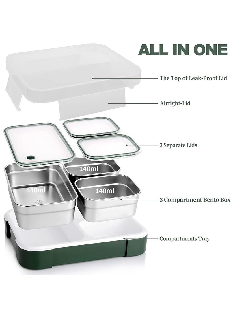 Kids School Stainless Steel Lunch Box Insulated Bento Lunch Box with Storage Bag 3 Compartments Divided Lunch Container with Lid  (Green 720ML) - Image 4