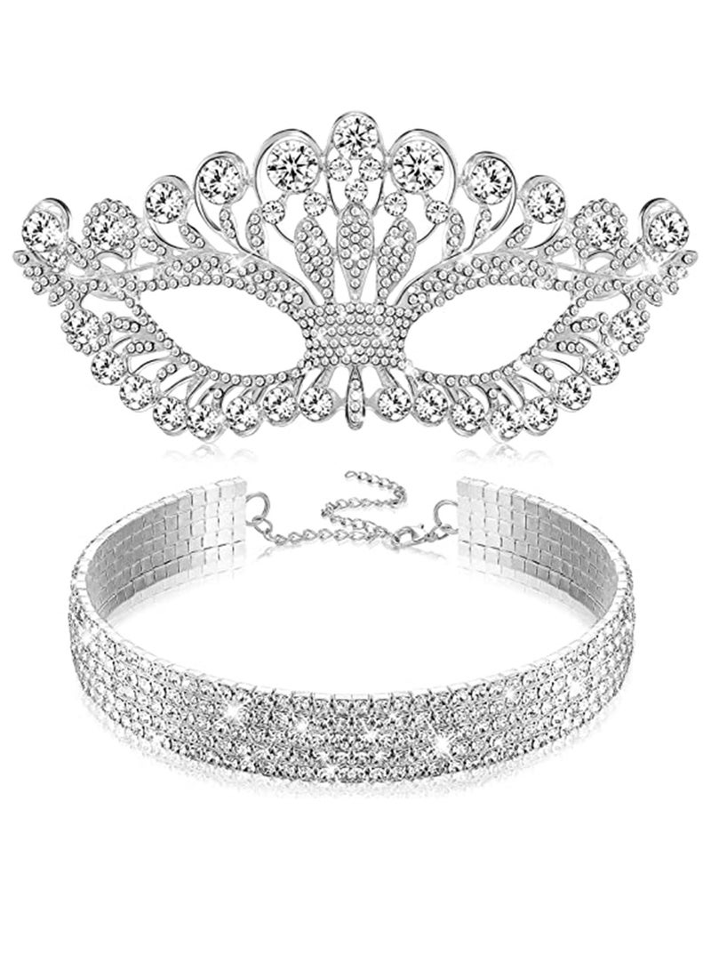 Rhinestone Masquerade Mask and Choker Necklace Jewelry Set, Crystal Eye for Women Costume Party（2 Pcs）  - Image 1