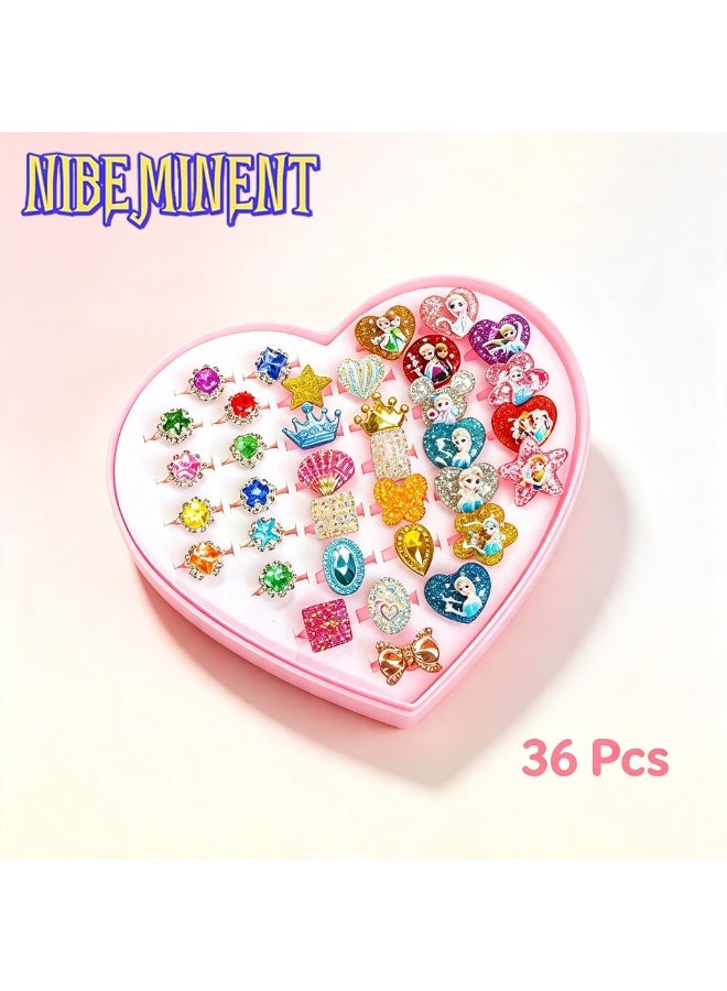 NIBEMINENT 36 Piece Adjustable Little Girls Jewel Rings for Dress Up and Pretend Play Ages 3 to 10 Perfect for Birthdays and Parties - Image 1