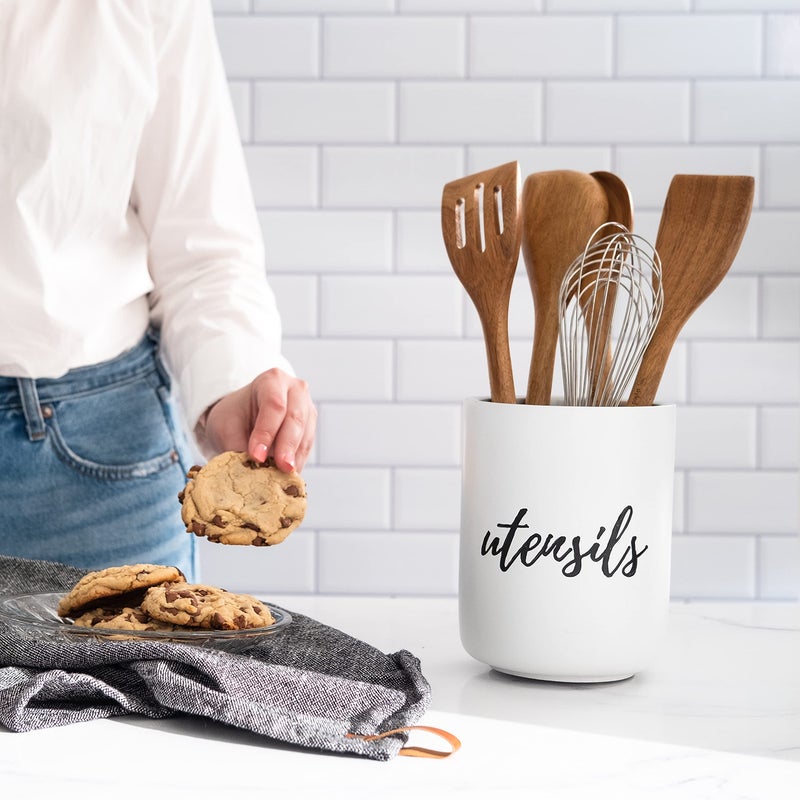 styled settings White Utensil Holder for Countertop - Rustic Farmhouse Organizer for Extra Large Utensils - Heavy and Durable Utensil Holder for Modern Farmhouse Decor and Kitchen Accessories - Image 2