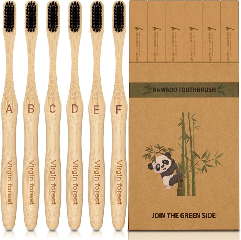 Virgin Forest Bamboo Charcoal Toothbrush 6pk, BPA-Free Eco Biodegradable, Medium Soft Bristles - Image 1