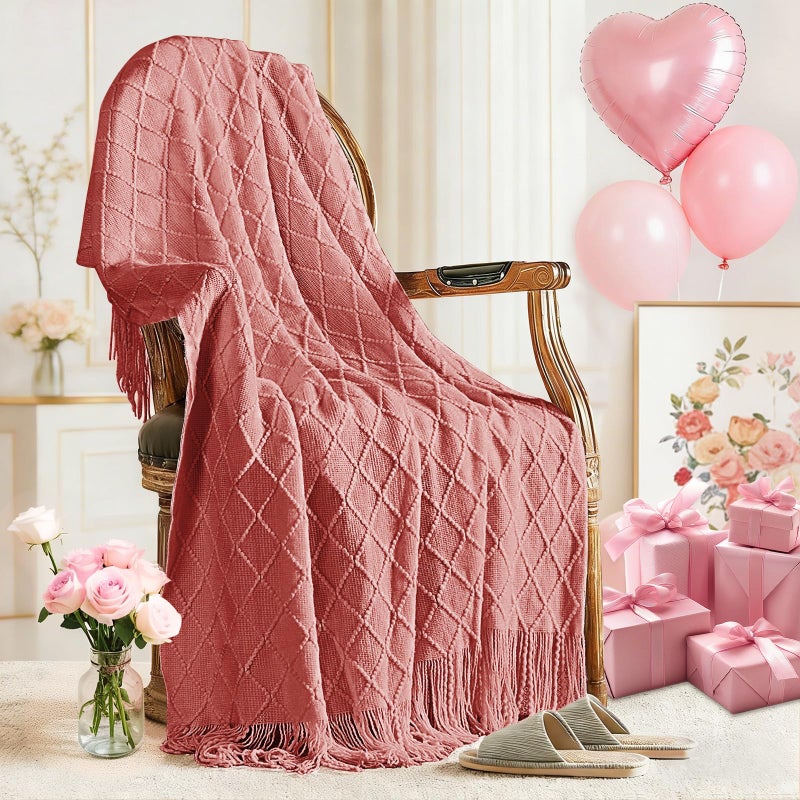 inhand Coral Pink Knitted Throw Blanket for Couch Bed, Mothers Day/Mom Birthday Gifts for Mom from Daughter Son, Soft Lightweight with Tassels, Farmhouse Warm Decorative Blanket for Women, 50"x60" - Image 1