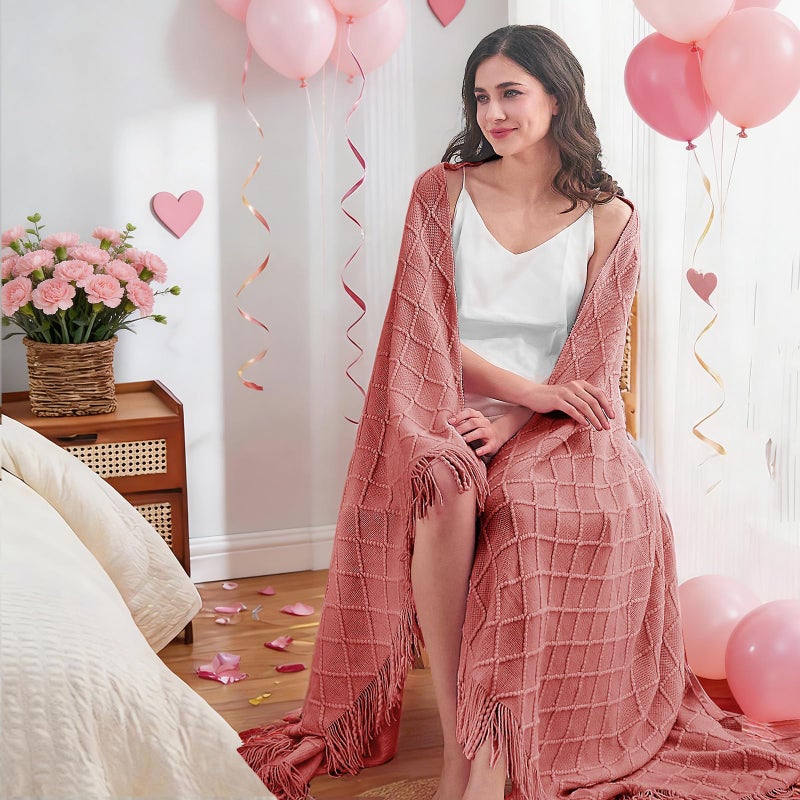 inhand Coral Pink Knitted Throw Blanket for Couch Bed, Mothers Day/Mom Birthday Gifts for Mom from Daughter Son, Soft Lightweight with Tassels, Farmhouse Warm Decorative Blanket for Women, 50"x60" - Image 5