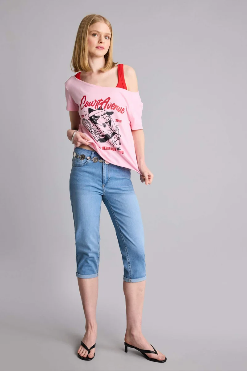 DeFacto Boxy Fit Boat Collar Printed Short Sleeve T-Shirt