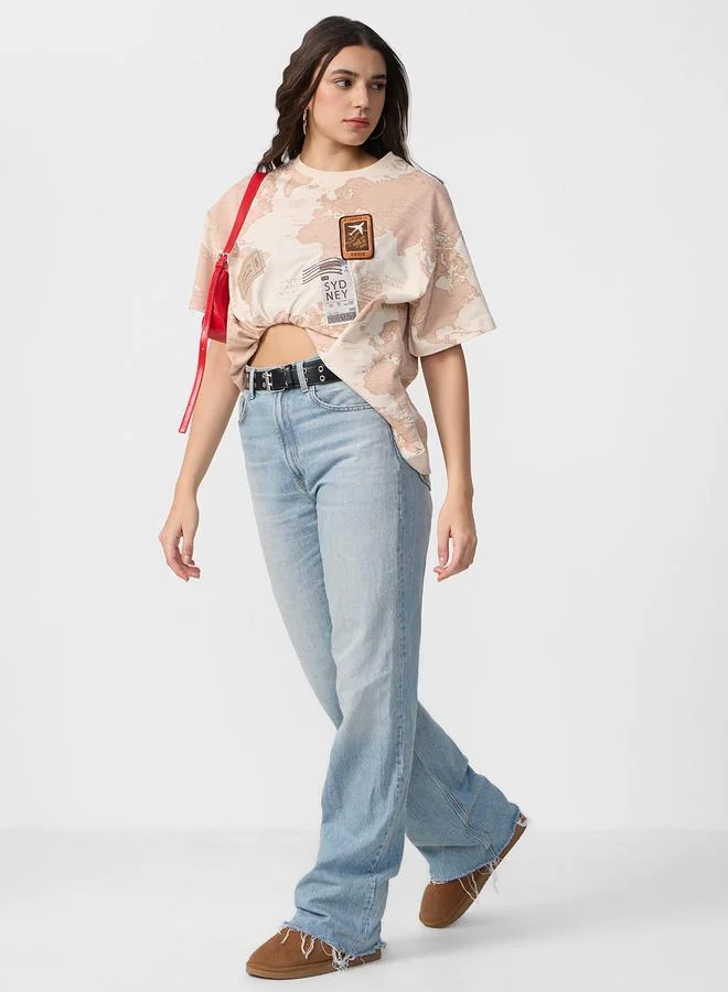 The Souled Store Beige World Map Print Oversized T-Shirt