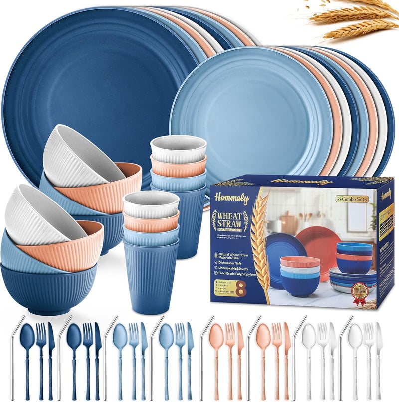 HOMMALY Wheat Straw Dinnerware Sets64Piece Plates and Bowls Sets for 8UnbreakableReusable Plastic Dish SetDinner PlateDessert PlateCereal BowlCupUtensilsDishwasher Safe 64POecan Coral - Image 1