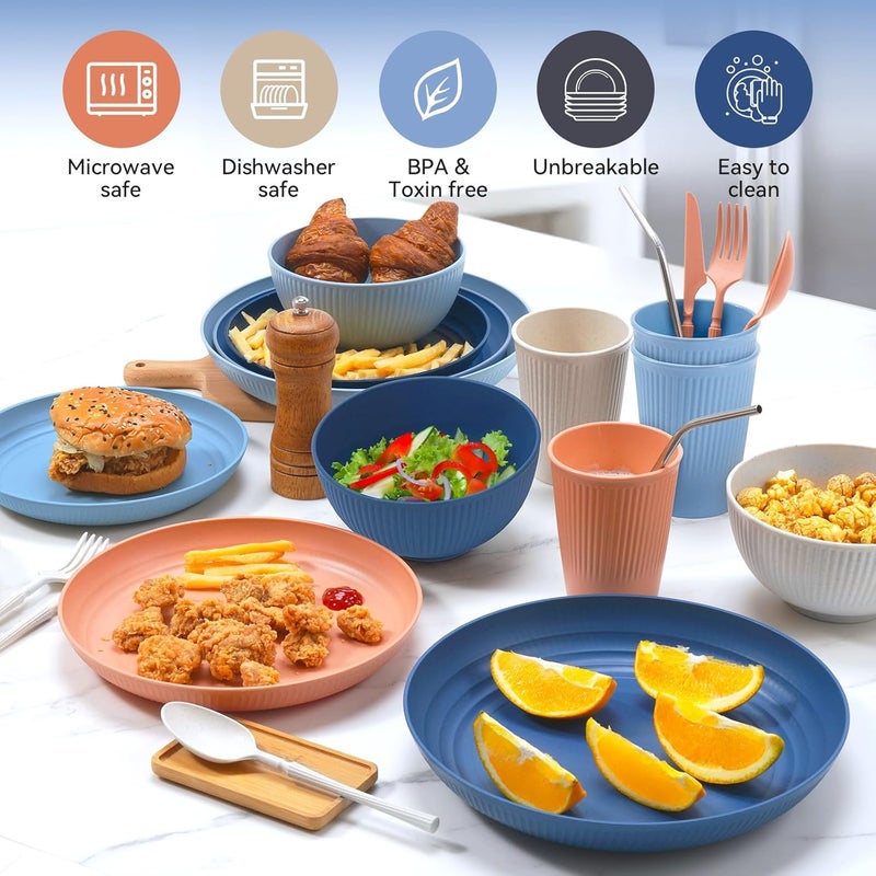 HOMMALY Wheat Straw Dinnerware Sets64Piece Plates and Bowls Sets for 8UnbreakableReusable Plastic Dish SetDinner PlateDessert PlateCereal BowlCupUtensilsDishwasher Safe 64POecan Coral - Image 5