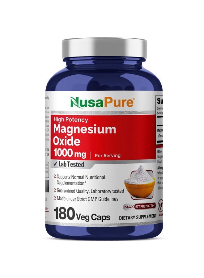 NusaPure Magnesium Oxide 1,000mg per Serving 180 Veggie Caps (Non-GMO, Gluten Free) - Image 1