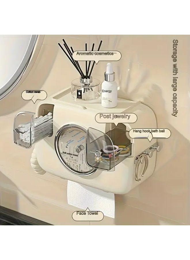 حامل مناديل مثبت على الحائط باللون الكريمي الأبيض، سعة كبيرة، تركيب بدون حفر، منظف الحمام - Image 2