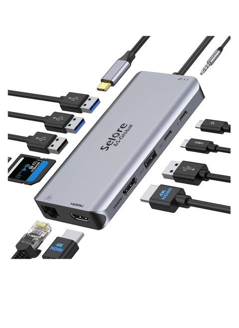قاعدة شحن USB C مزدوجة HDMI 12 في 1 مع مزدوج 2 × 3.0 و2 2.0 100 واط بي دي بيانات قارئ بطاقات SD وTF جيجابت ايثرنت صوت/ميكروفون 3.5 ملم متوافق ماك بوك برو