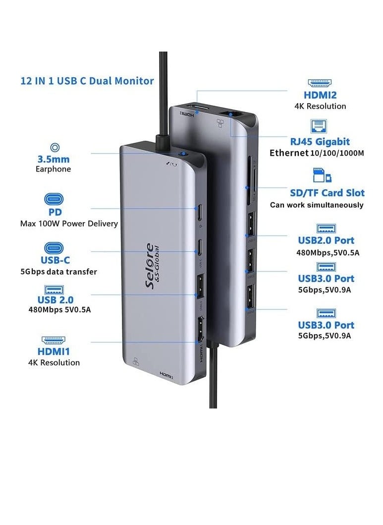 قاعدة شحن USB C مزدوجة HDMI 12 في 1 مع مزدوج 2 × 3.0 و2 2.0 100 واط بي دي بيانات قارئ بطاقات SD وTF جيجابت ايثرنت صوت/ميكروفون 3.5 ملم متوافق ماك بوك برو