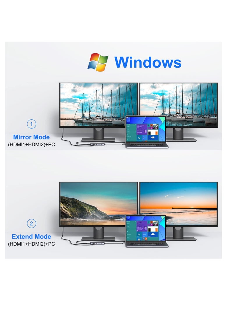 قاعدة شحن USB C مزدوجة HDMI 12 في 1 مع مزدوج 2 × 3.0 و2 2.0 100 واط بي دي بيانات قارئ بطاقات SD وTF جيجابت ايثرنت صوت/ميكروفون 3.5 ملم متوافق ماك بوك برو