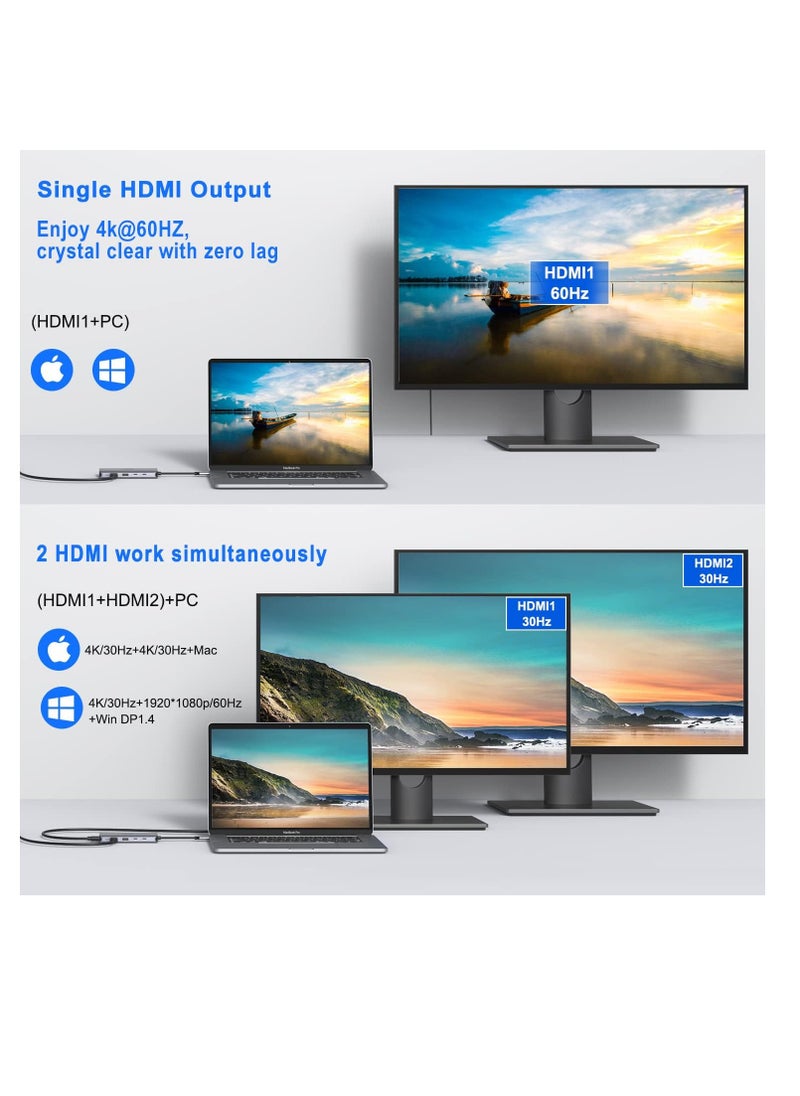 قاعدة شحن USB C مزدوجة HDMI 12 في 1 مع مزدوج 2 × 3.0 و2 2.0 100 واط بي دي بيانات قارئ بطاقات SD وTF جيجابت ايثرنت صوت/ميكروفون 3.5 ملم متوافق ماك بوك برو