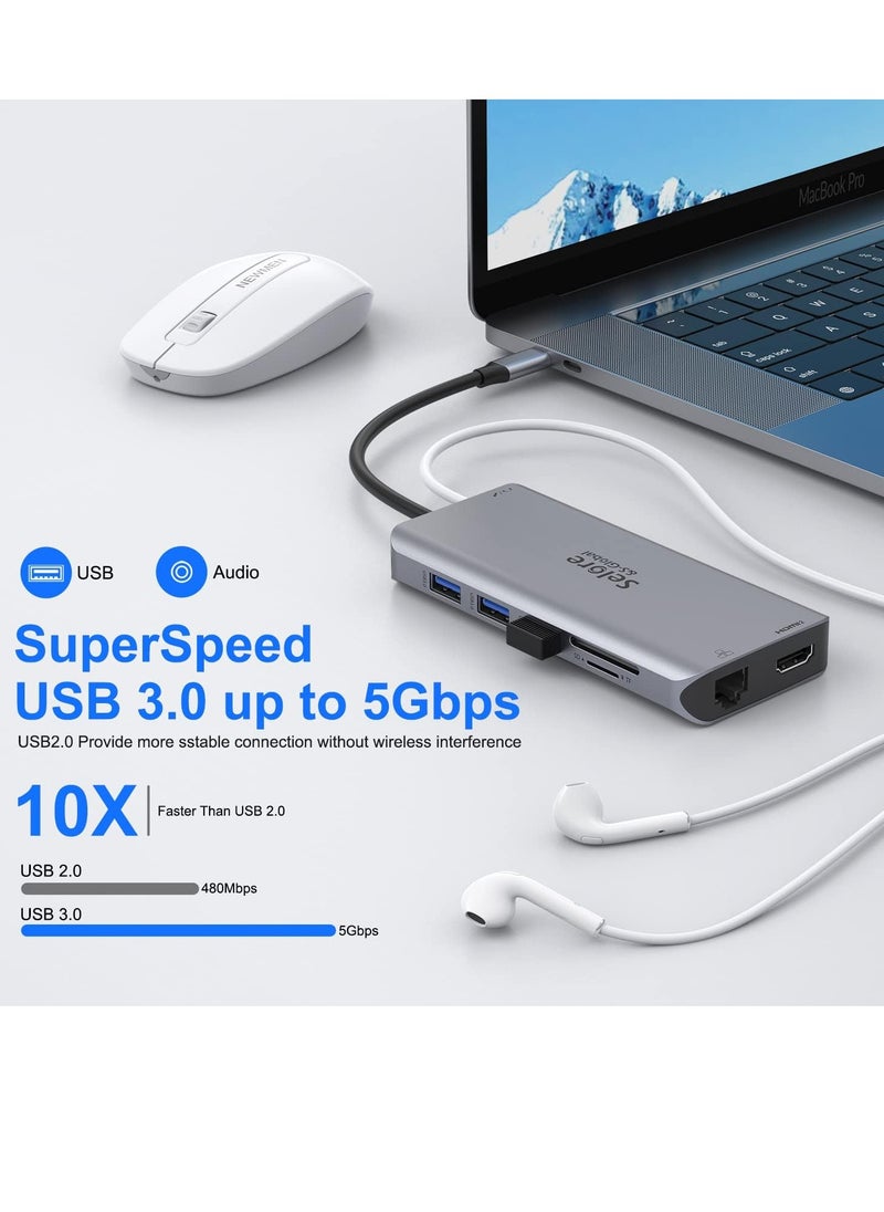 قاعدة شحن USB C مزدوجة HDMI 12 في 1 مع مزدوج 2 × 3.0 و2 2.0 100 واط بي دي بيانات قارئ بطاقات SD وTF جيجابت ايثرنت صوت/ميكروفون 3.5 ملم متوافق ماك بوك برو