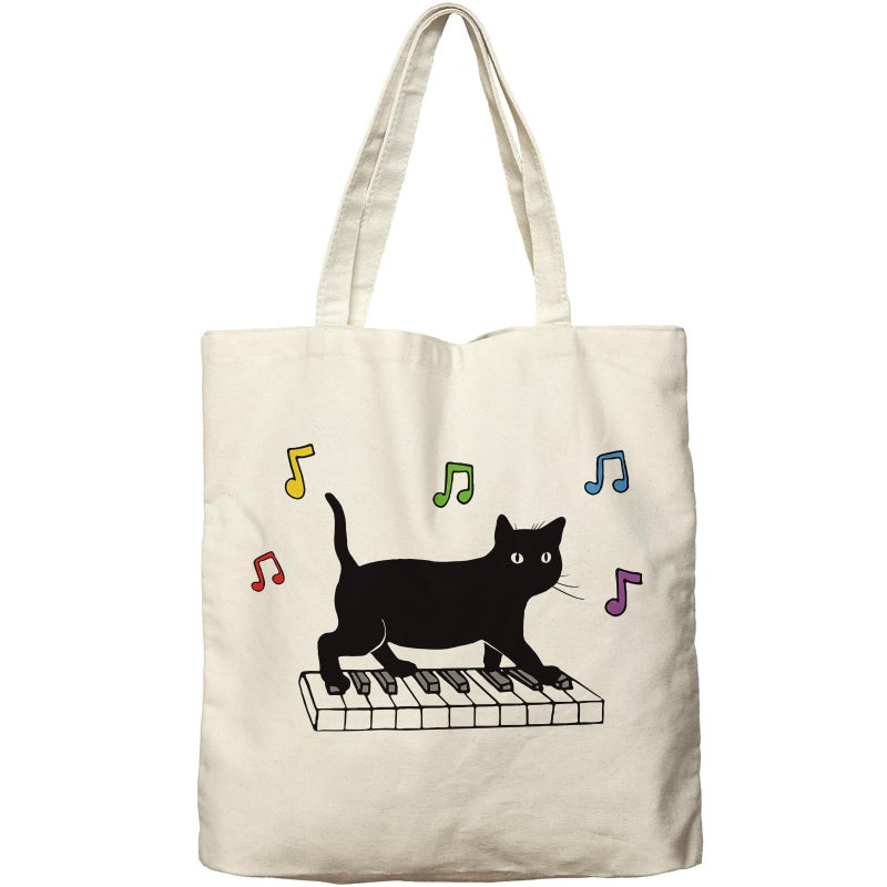 Dlzdn Black Cat Canvas Tote Bag For Women Aesthetic Funny Cute Cat Playing Piano Tote Bag Shopping Grocery Bag Beach Bag Gifts for Women Teacher Bag Reusable Grocery Bag