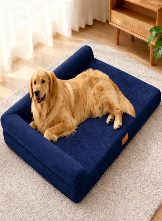 Fristone Dog Bed with Memory Foam, 42x30x3 cm, for All Breed Sizes, Non Skid Bottom, Removable Cover, Lightweight, Square, Blue, Plaid Pattern