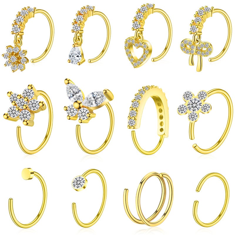 BSJ4U Hoop Nose Rings for Women Nose Piercings 20G Stainless Steel Nose Rings Hoops Heart Butterfly Flower Bow Teardrop Double Nose Hoops Gold Plated Clear CZ Nose Piercing Jewelry - Image 1