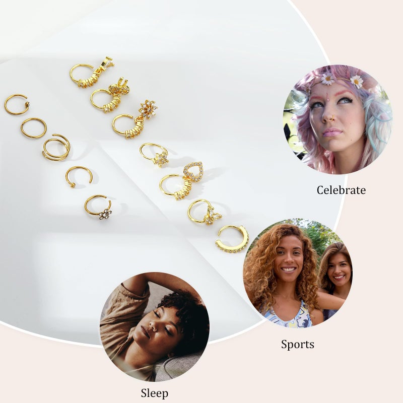 BSJ4U Hoop Nose Rings for Women Nose Piercings 20G Stainless Steel Nose Rings Hoops Heart Butterfly Flower Bow Teardrop Double Nose Hoops Gold Plated Clear CZ Nose Piercing Jewelry - Image 2