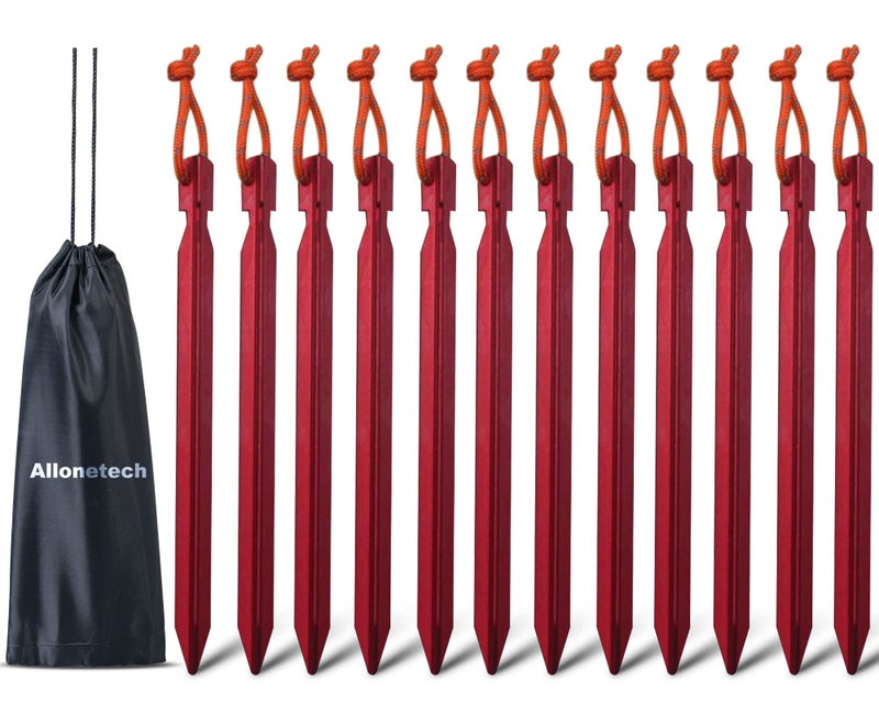 All one tech 12 Pack Tent Stakes, 7075 Ground Metal Camping Aluminum Tent Pegs, Lightweight Tent Stakes Heavy Duty Spikes Camping Accessories, Red - Image 1