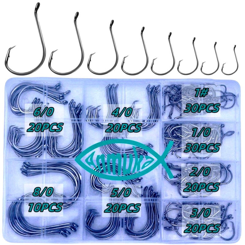 Anmuka Circle Hooks Fishing Hooks 2X Strong 170PCS/Box|220PCS/Box Octopus Catfish Fish Bulk Fishing Hooks Set Saltwater Freshwater Gear Equipment#1 1/0 2/0 3/0 4/0 5/0 6/0 8/0(BLACK-170PCS) - Image 1