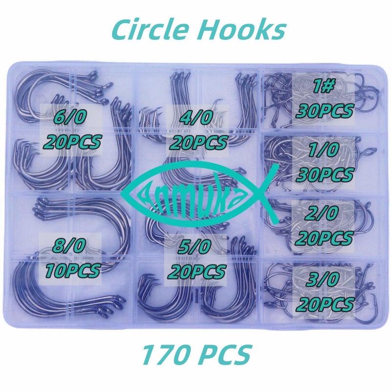 Anmuka Circle Hooks Fishing Hooks 2X Strong 170PCS/Box|220PCS/Box Octopus Catfish Fish Bulk Fishing Hooks Set Saltwater Freshwater Gear Equipment#1 1/0 2/0 3/0 4/0 5/0 6/0 8/0(BLACK-170PCS) - Image 5