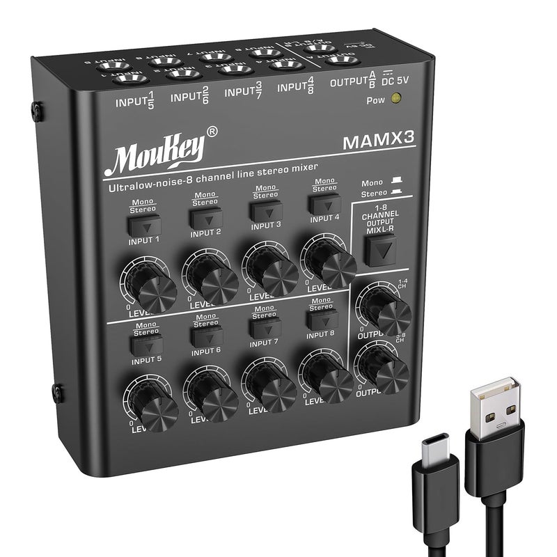 Moukey Audio Mixer, DC 5V, 8 Stereo Ultra, Low Noise 8 Channel Line Mixer for Sub-Mixing, for Small Clubs or Bars, As Guitars, Bass, Keyboards Mixer, MAMX3 - Image 1