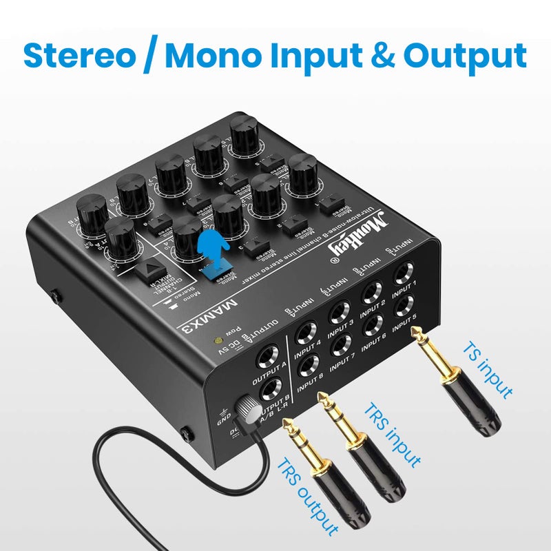 Moukey Audio Mixer, DC 5V, 8 Stereo Ultra, Low Noise 8 Channel Line Mixer for Sub-Mixing, for Small Clubs or Bars, As Guitars, Bass, Keyboards Mixer, MAMX3 - Image 2