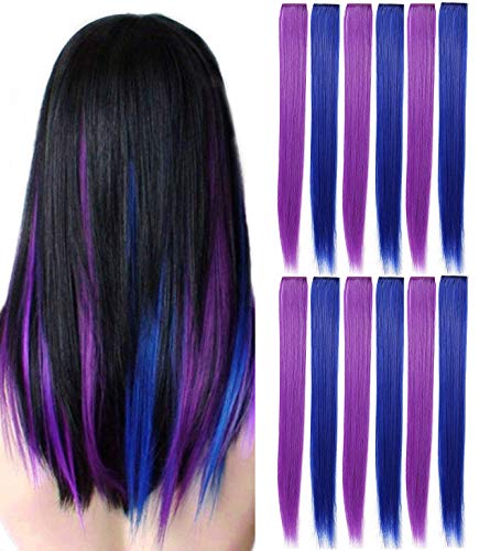 YaFex 12 Pcs Clip in Hair Extensions, 22 Inch Colored Hair Extensions Party Highlights Long Straight Synthetic Hairpieces for Women Kids Girls (Purple + Sapphire Blue) - Image 1