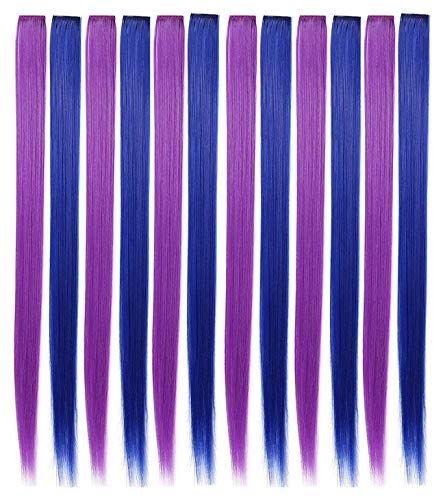 YaFex 12 Pcs Clip in Hair Extensions, 22 Inch Colored Hair Extensions Party Highlights Long Straight Synthetic Hairpieces for Women Kids Girls (Purple + Sapphire Blue) - Image 5