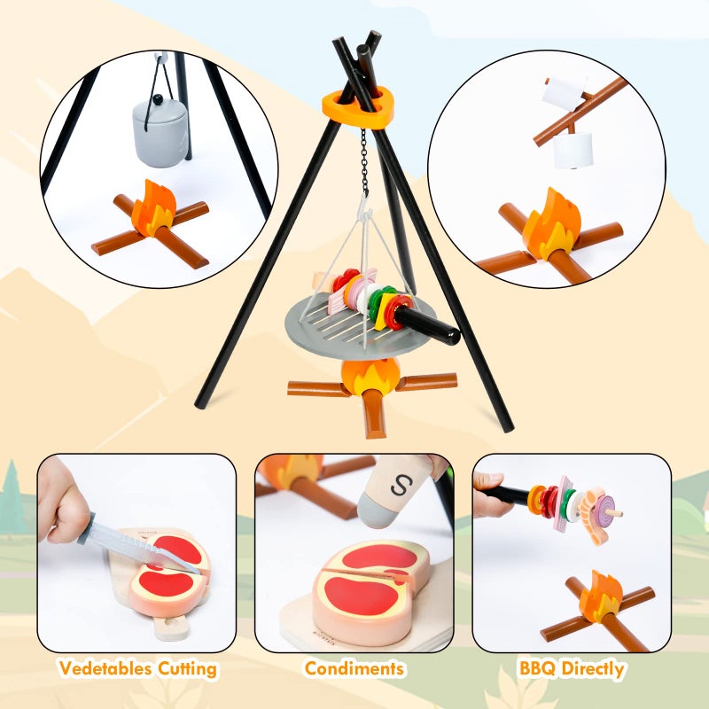 UMU Kids Camping Toys Set Pretend Play with Campfire Wooden Camping Playset Cutting Food for Play Kitchen Camping Gear for Kitchen Indoor Outdoor Camping Toys for Kids Toddlers Boys Age 3 4 5 6 7 8 - Image 3