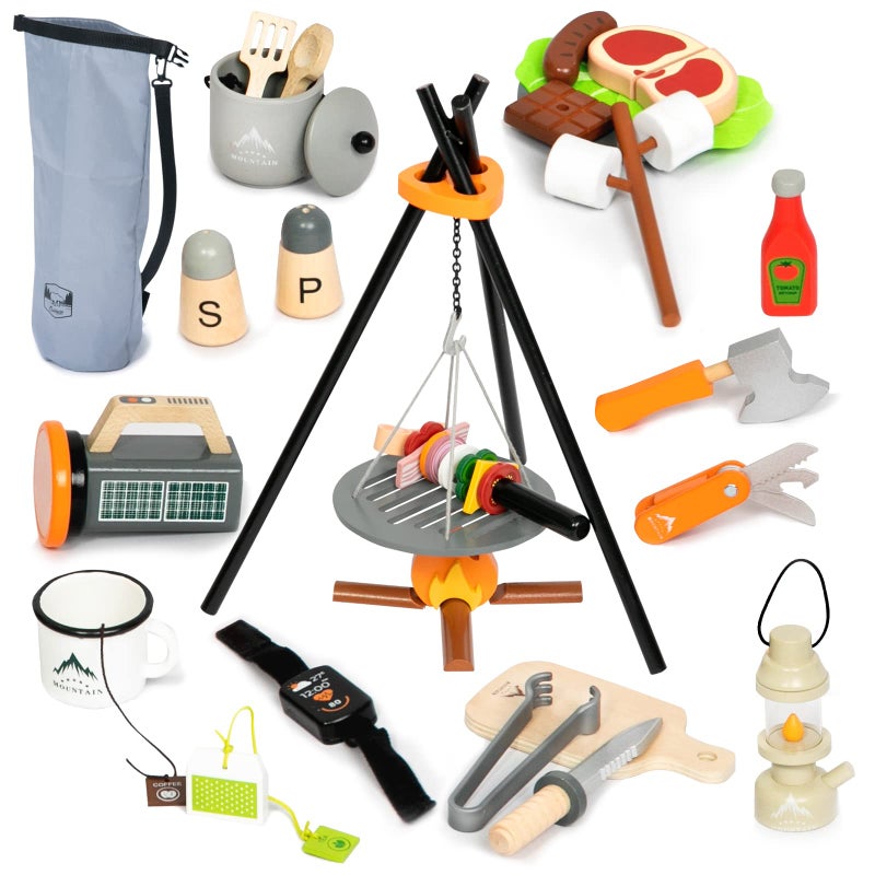 UMU Kids Camping Toys Set Pretend Play with Campfire Wooden Camping Playset Cutting Food for Play Kitchen Camping Gear for Kitchen Indoor Outdoor Camping Toys for Kids Toddlers Boys Age 3 4 5 6 7 8 - Image 2