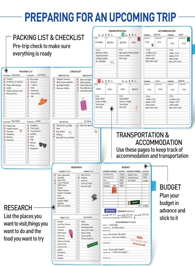 JUBTIC Travel Journal, Vacation Planner with Budget Tracker and Checklist, A5 Size Trip Planner, Travel Diary & Notebook for 6 Trips, Travel Gifts Accessories for Women, Men & Couples (Aquamarine) - Image 4