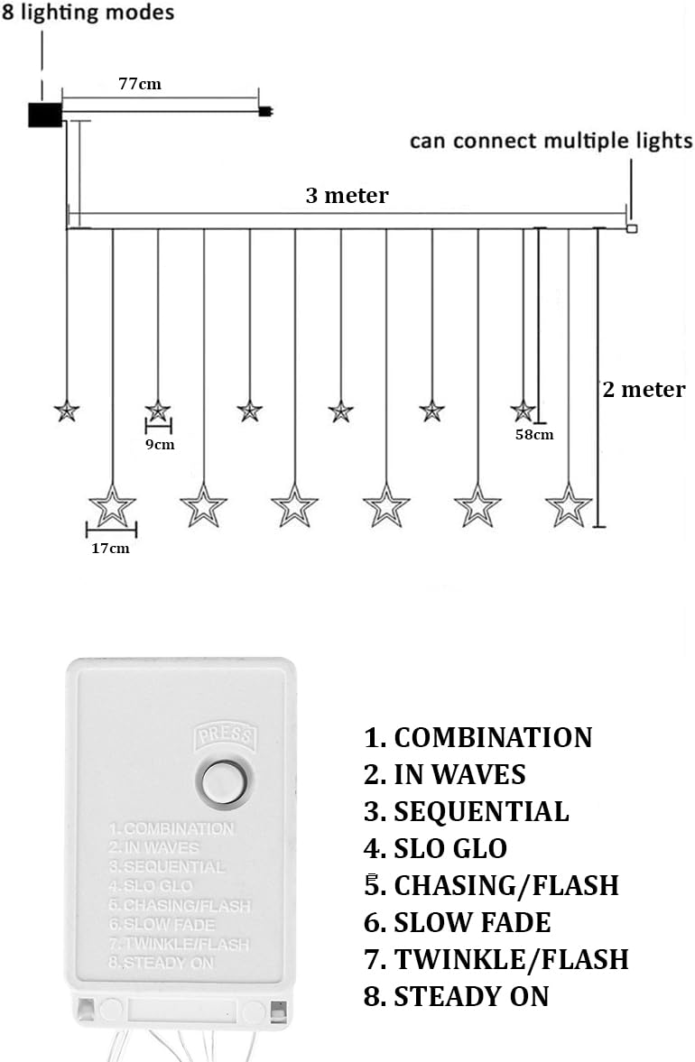 fizzytech 12 Stars LED Plastic Corded Electric Curtain String Lights Window Curtain Hanging Light with 8 Flashing Modes Decoration for Diwali Christmas Wedding Party Lights of Home Decoration - Image 4