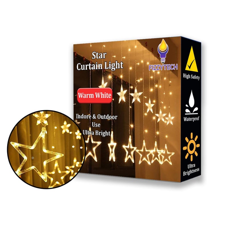 fizzytech 12 Stars LED Plastic Corded Electric Curtain String Lights Window Curtain Hanging Light with 8 Flashing Modes Decoration for Diwali Christmas Wedding Party Lights of Home Decoration - Image 1