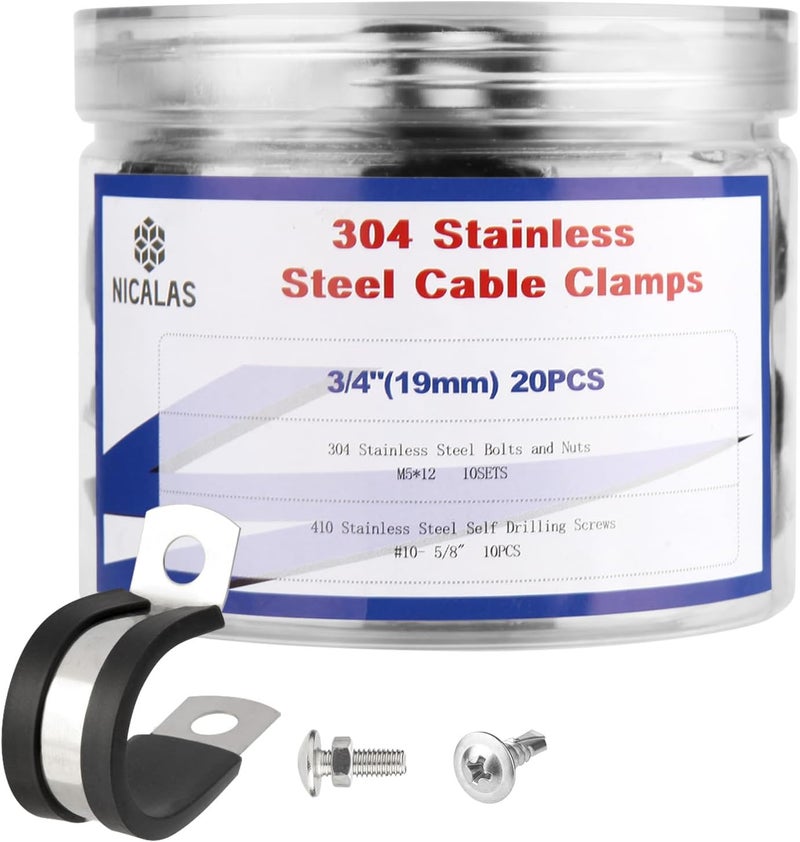Nicalas 50pcs 3/4 Inch Stainless Steel Cable Clamps And Stainless Screws,Rubber Coated Cushioned Insulated Cable Clamp,Automotive Cable Wire Clamps,Pipe Clamps - Image 1