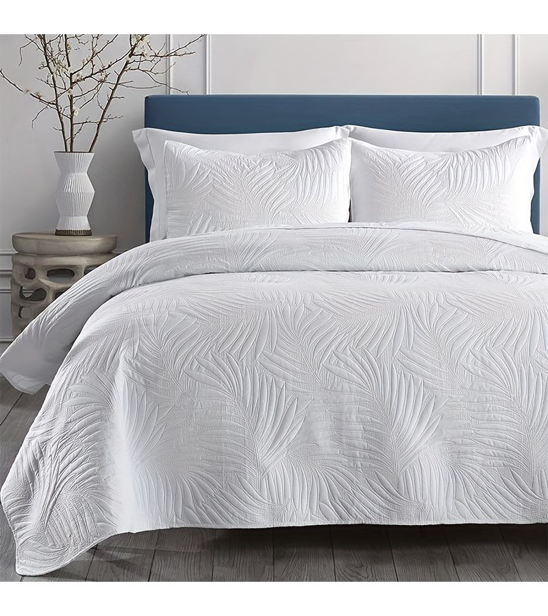 3pcs Ultrasonic Leaf Embossed Bedspread Set Twin Dark Green Bedding Including Bedspread And Pillowcases Soft Breathable Comfortable For Bedroom Dormitory Room Decor - Image 3