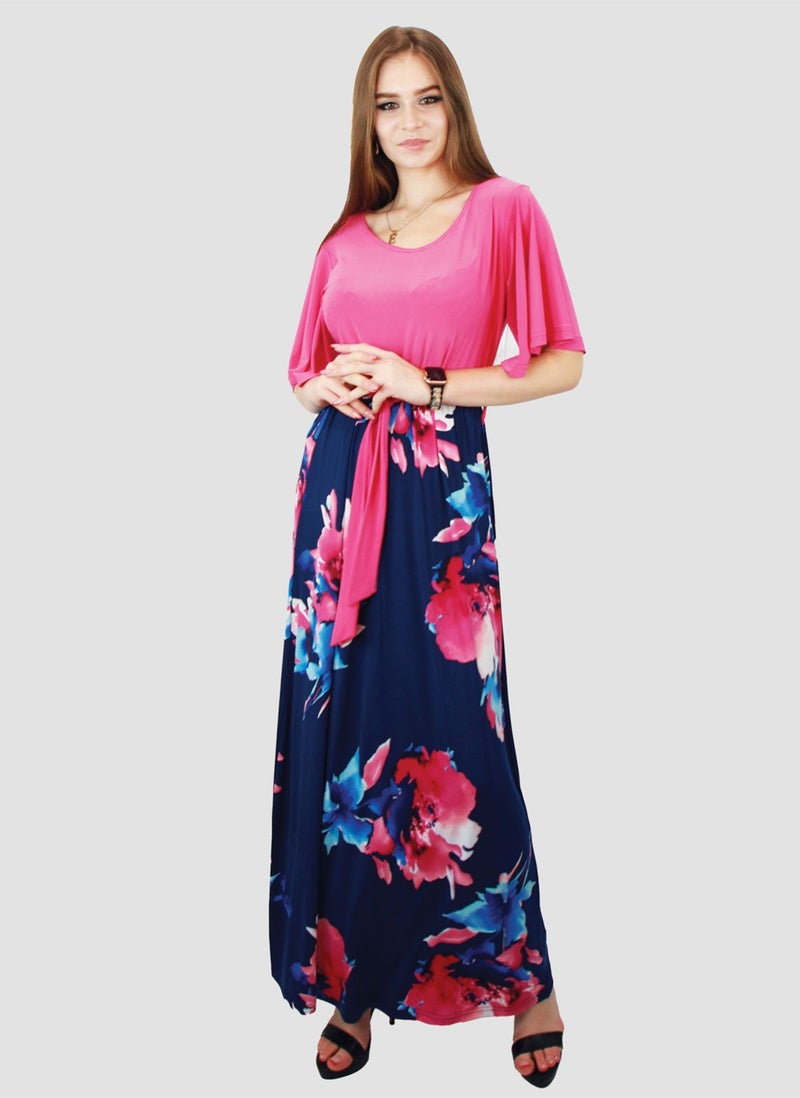 Kidwala Women'S Long Magenta Dress, Red & Floral Colorful Bottom, Horseshoe Neckline Design Dress, Circular Cape Flow Sleeve, Maxi Dress With Belted Waistband, Evening Dress - Image 1