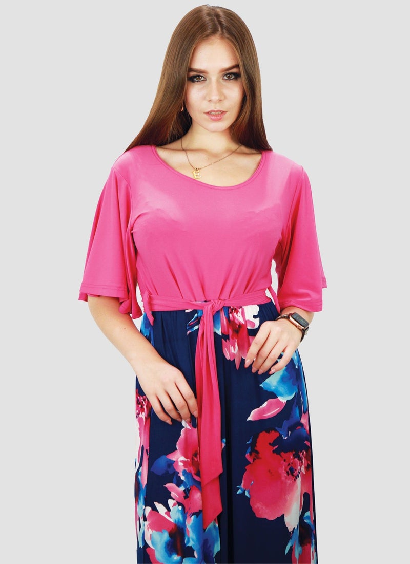 Kidwala Women'S Long Magenta Dress, Red & Floral Colorful Bottom, Horseshoe Neckline Design Dress, Circular Cape Flow Sleeve, Maxi Dress With Belted Waistband, Evening Dress - Image 5