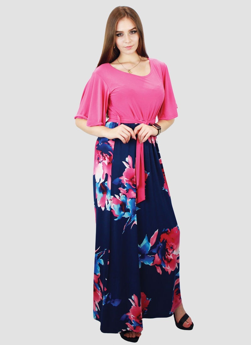 Kidwala Women'S Long Magenta Dress, Red & Floral Colorful Bottom, Horseshoe Neckline Design Dress, Circular Cape Flow Sleeve, Maxi Dress With Belted Waistband, Evening Dress - Image 4