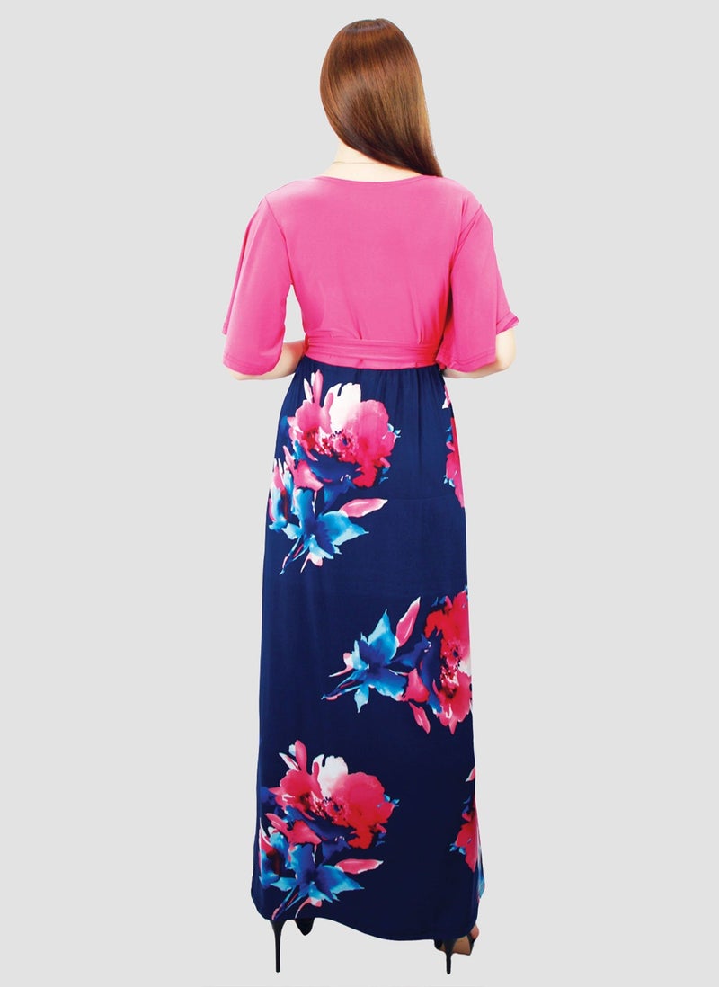 Kidwala Women'S Long Magenta Dress, Red & Floral Colorful Bottom, Horseshoe Neckline Design Dress, Circular Cape Flow Sleeve, Maxi Dress With Belted Waistband, Evening Dress - Image 3